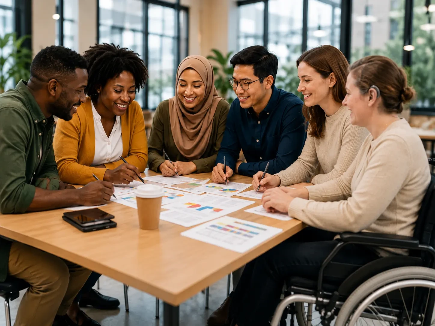 Diverse community members collaborating in a workshop, including a person using a wheelchair
